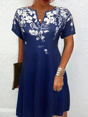 Floral Print Short Sleeve Notched Neck Dress