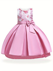 Girls Floral Embroidery Princess Dress High Low Pleated Dress