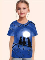 Moon Night Kitty Graphic T shirt Girls Casual Short Sleeve Tees