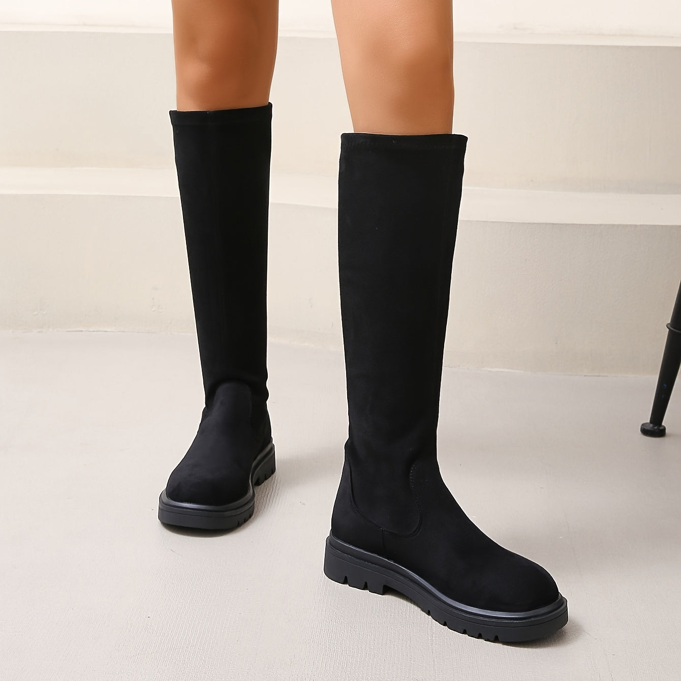 Women's Stretch Knee High Boots Solid Round Toe Pull On Long Boots Comfort