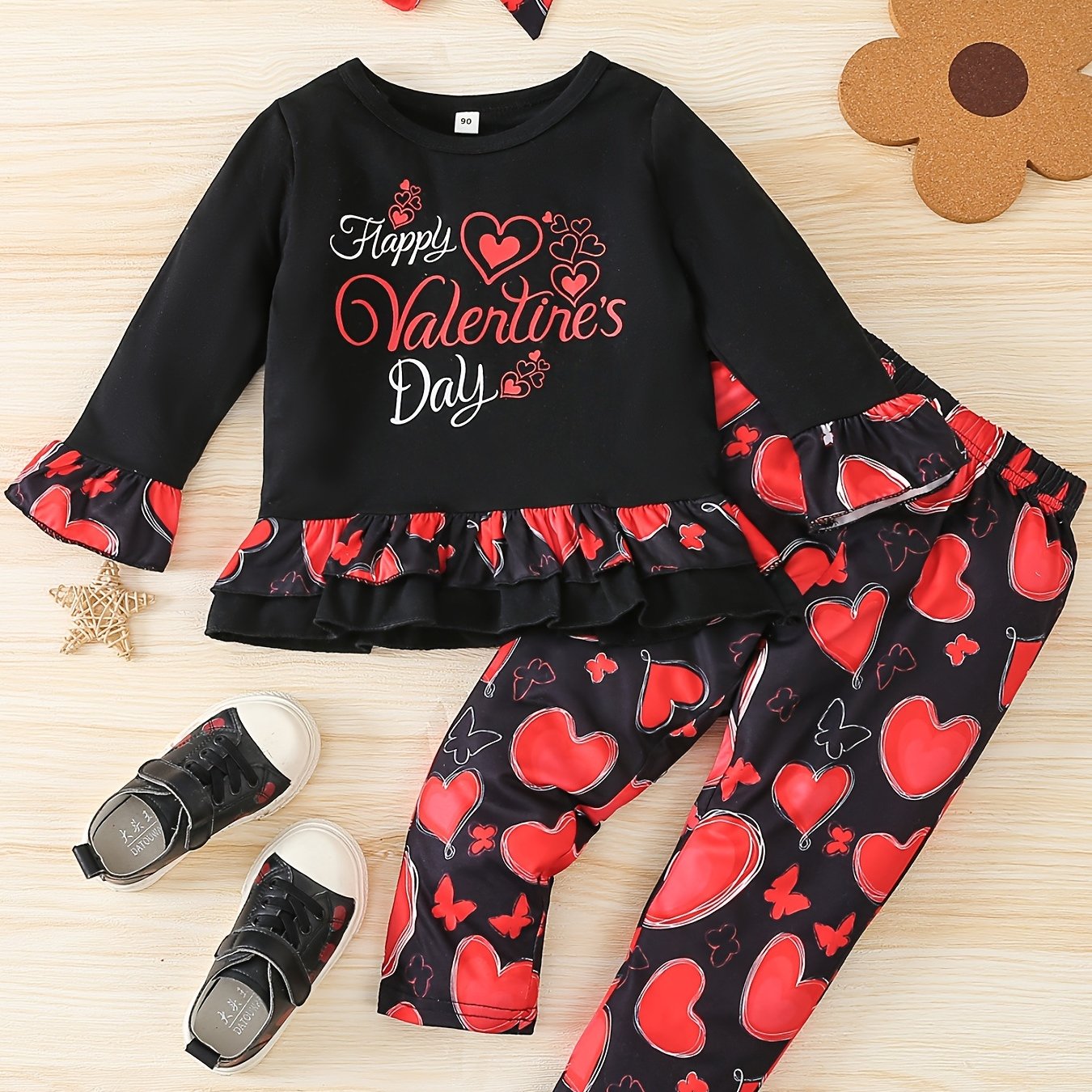 3pcs Girls Happy Long Sleeve T Shirt Top And Heart Print Pants Set