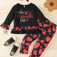 3pcs Girls Happy Long Sleeve T Shirt Top And Heart Print Pants Set