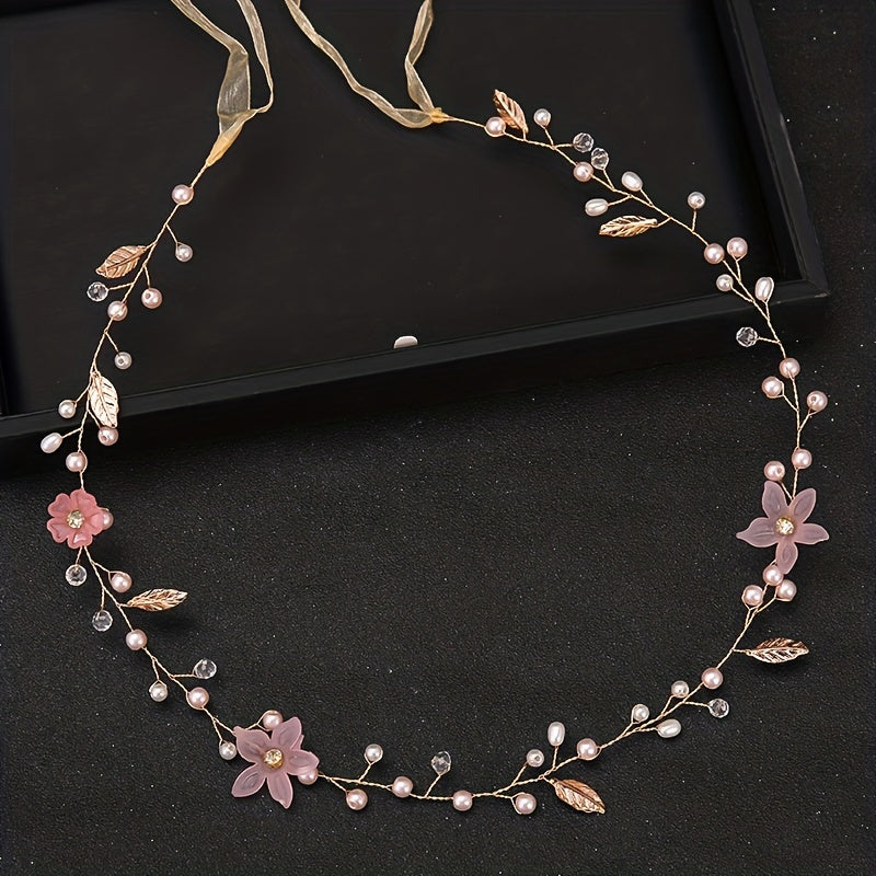 Silvery Flower Leaf Headband Faux Pearl Head Piece Bridal Wedding Hair Accessori