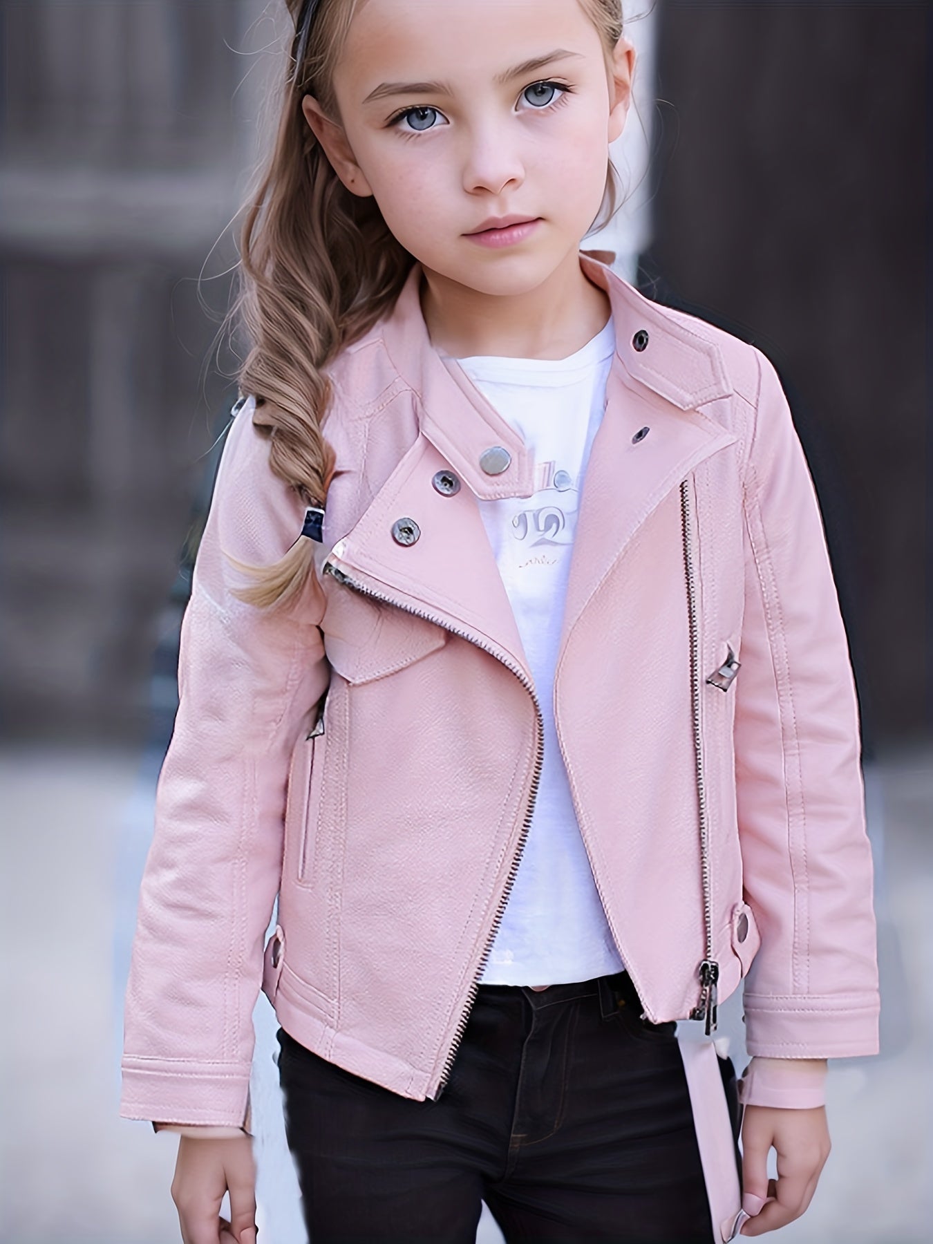 Girls Diagonal Zipper PU Leather Motorcycle Jacket