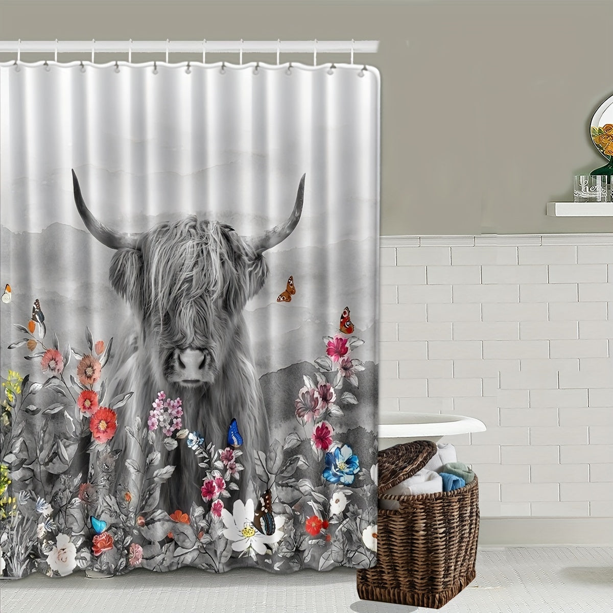 Highland Cow Shower Curtain Set with 12 Hooks and Non Slip Bathroom Rug