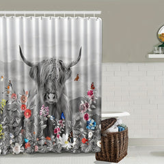 Highland Cow Shower Curtain Set with 12 Hooks and Non Slip Bathroom Rug