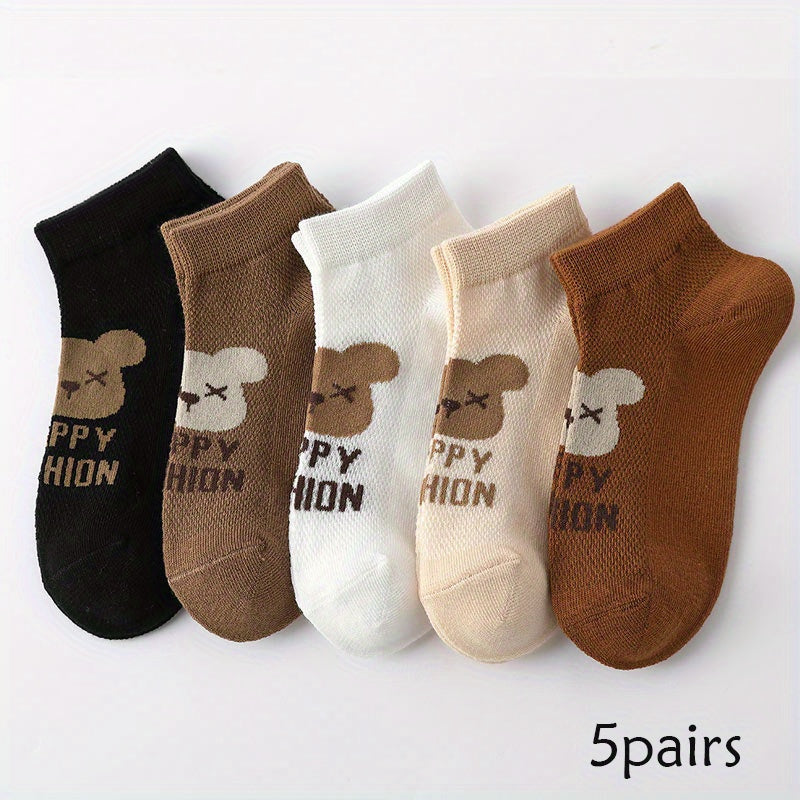 5 Pairs Kids Socks for Spring/Autumn - Girls Cartoon Bear Short Socks