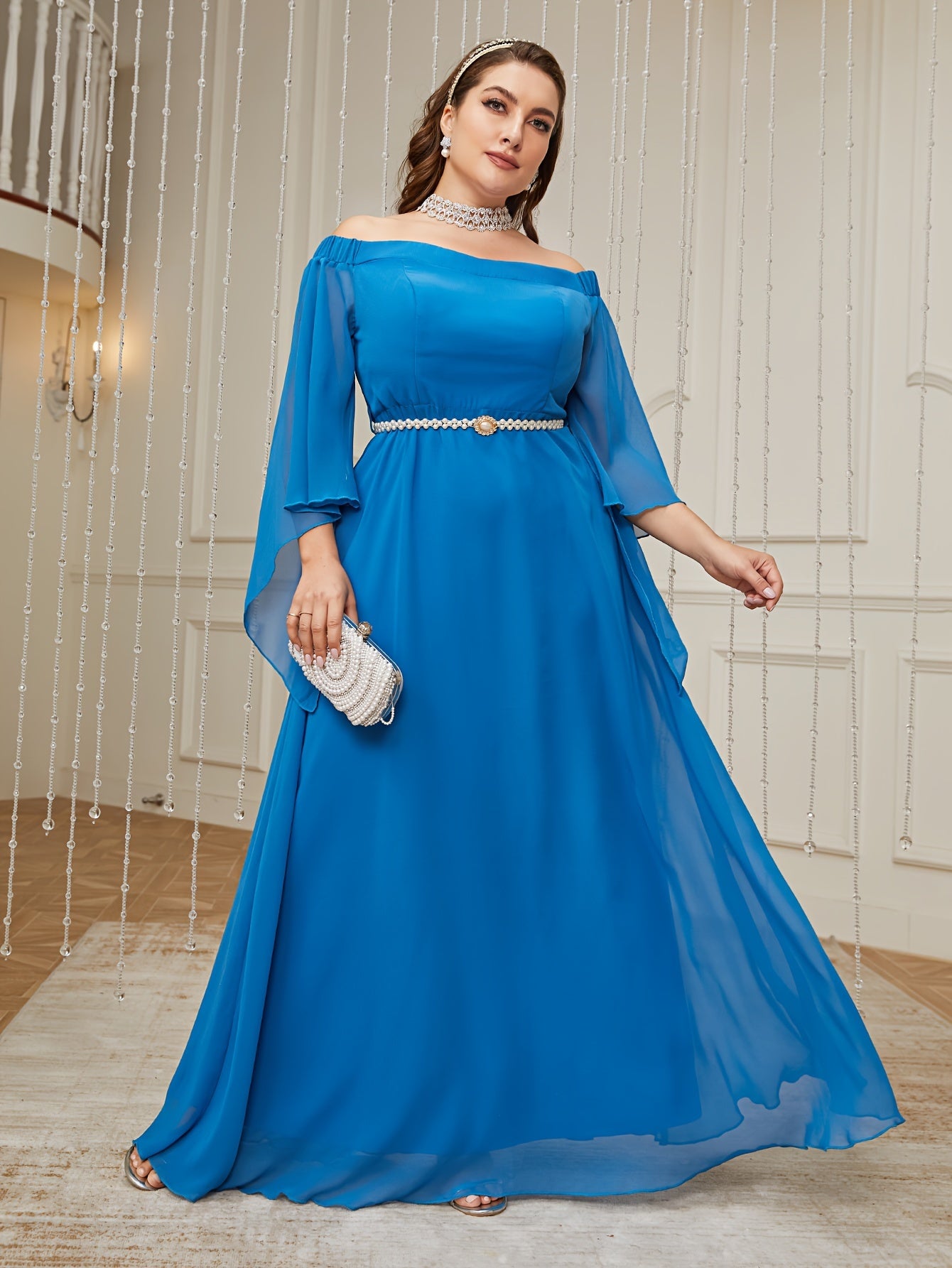 Off Shoulder Bell Sleeve Maxi Chiffon Bridesmaid Dress