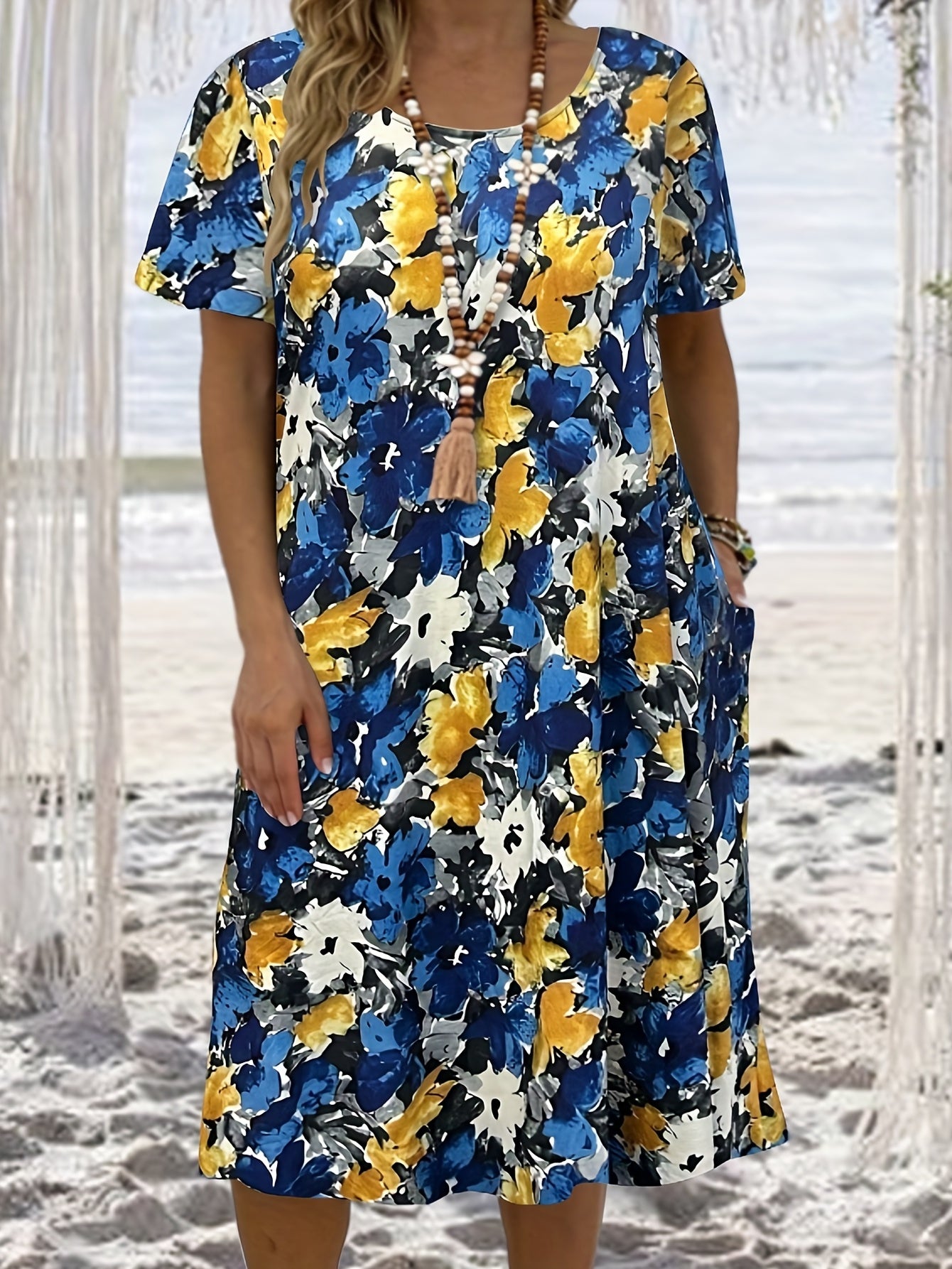 Boho Dress Floral Print Short Sleeve Round Neck Dress With Pockets