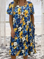 Boho Dress Floral Print Short Sleeve Round Neck Dress With Pockets