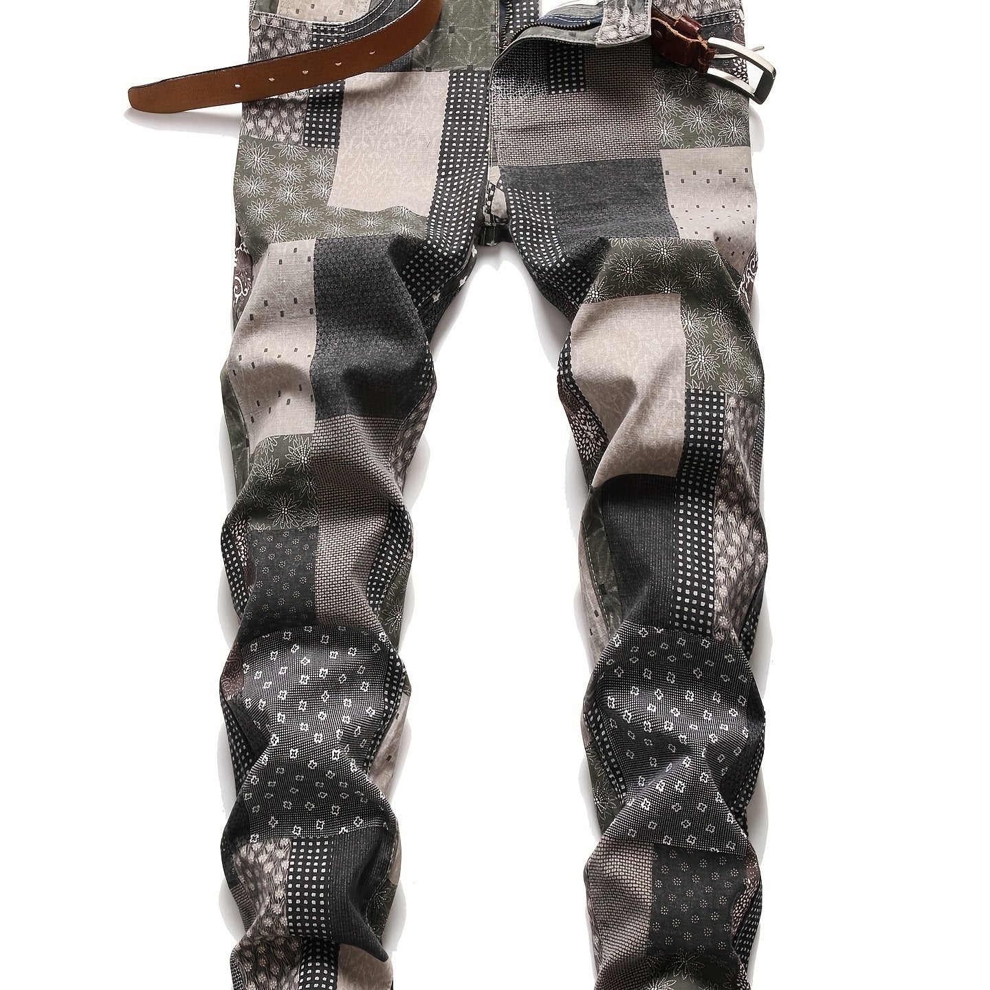 Y2K Plaid Patchwork Slim Fit Jeans Men's Casual Denim Pants