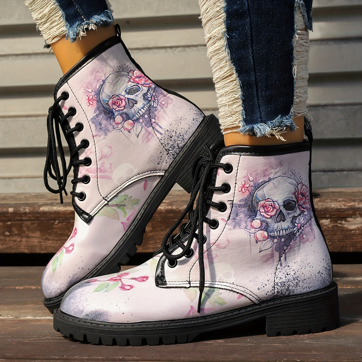 Skull & Rose Print Equestrian Boots Comfortable Medium Top Outdoor Boots