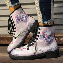 Skull & Rose Print Equestrian Boots Comfortable Medium Top Outdoor Boots