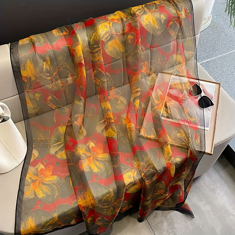 Vintage Flower Print Scarf Large Shawl Thin Silk Head Wrap Women Sunscreen