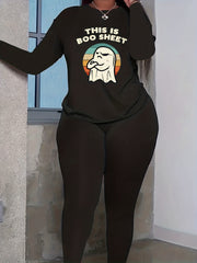 Women's Plus Ghost & Slogan Print Long Sleeve Top & Leggings Set