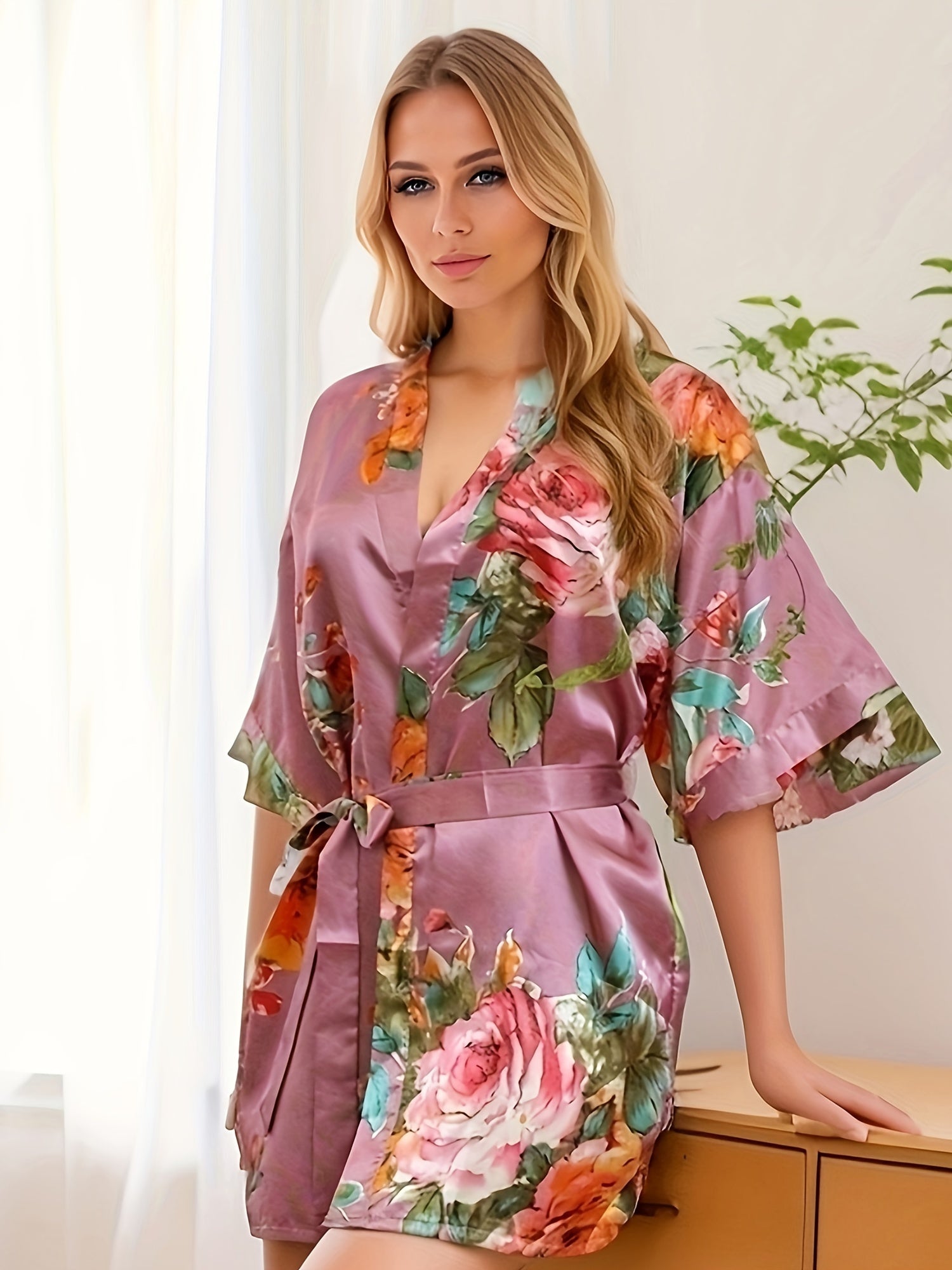 Floral Print V-Neck Night Robe with Belt