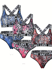 6 Pack Plus Size Sports Lingerie Set Women's Plus Print Bra & Panty