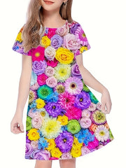 Flower Print Short Sleeve Dress for Summer Party