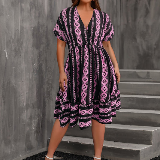 Colorblock Argyle Print Batwing Sleeve V Neck Mini Dress