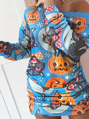 Pumpkin Print Long Sleeve Casual Dress