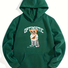Skateboard Bear & OPTIMISTIC Letter Boys Hooded Sweatshirt