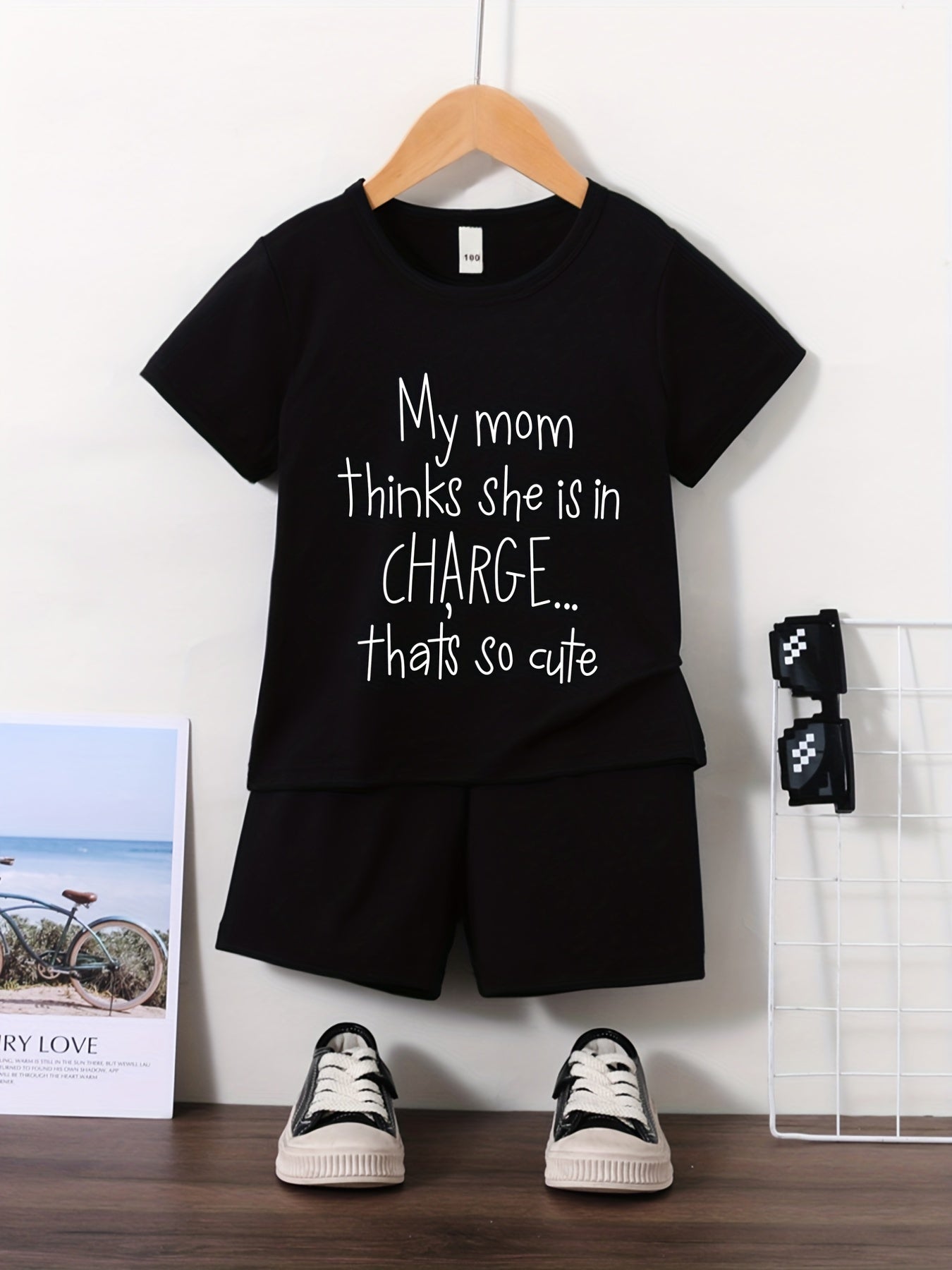 Girls 2 pc Summer Clothes Funny Letter Print Short Sleeve T Shirt Shorts Set