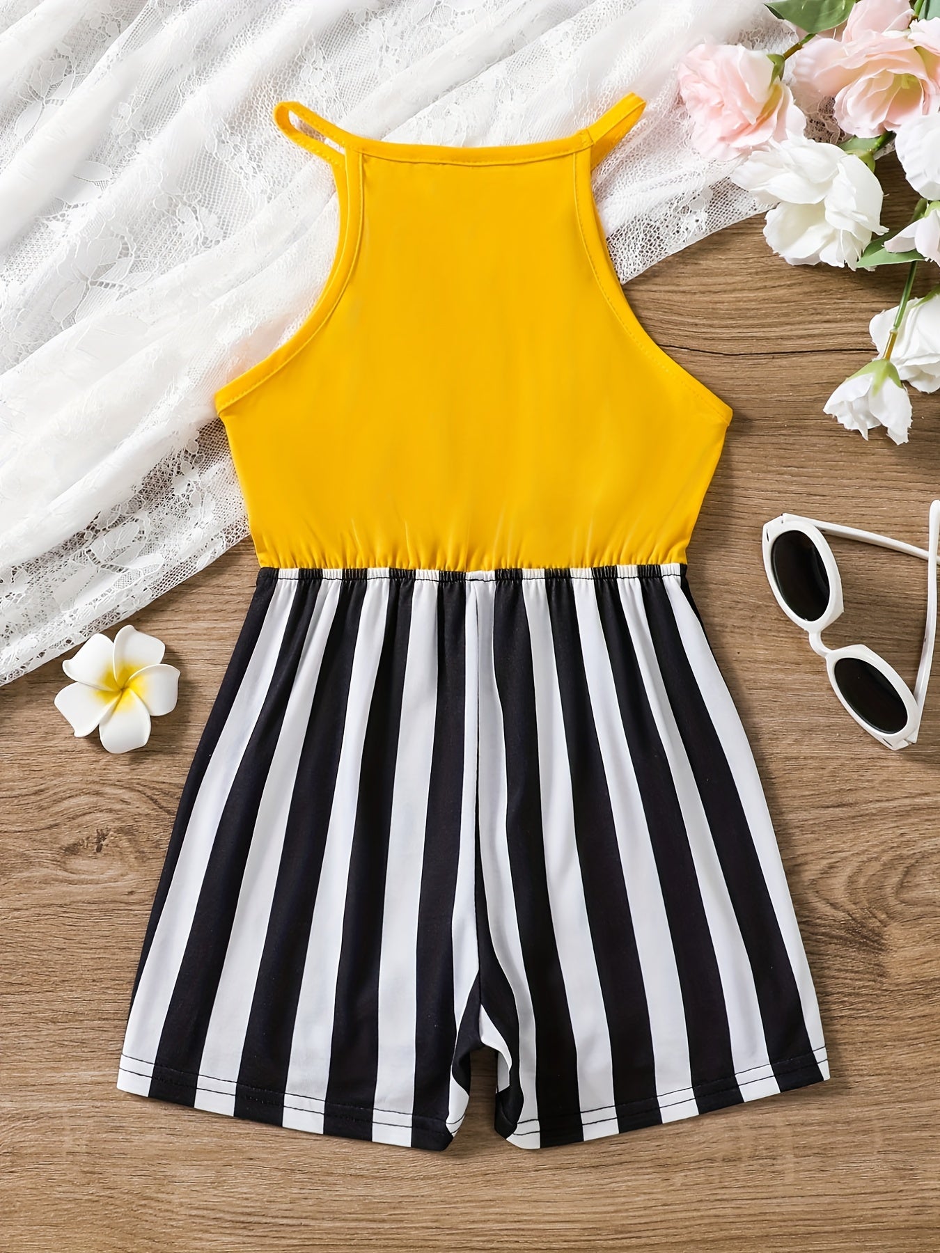 Girls Daisy & Butterfly Striped Halter Rompers for Beach Vacation