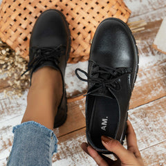 Women's Lace Up Faux Leather Flat Shoes Soft Sole Lightweight