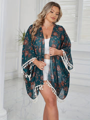 Floral Print Tassel Trim Bat Sleeve Beach Cover Up