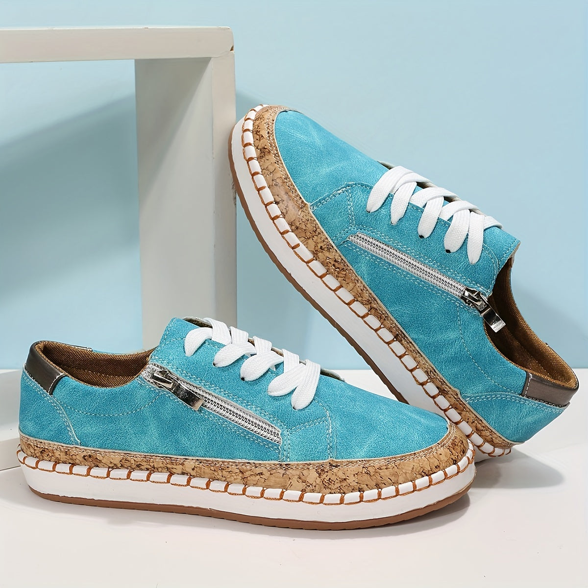 Women's Side Zipper Sneakers Casual Lace Up Outdoor Shoes