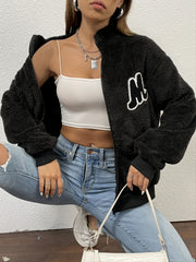 Fuzzy Jacket Zipper Lapel Long Sleeve Loose Outerwear