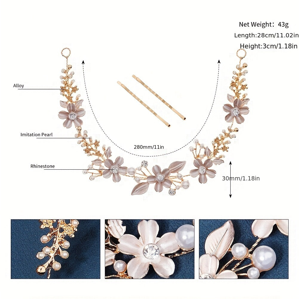 Rhinestone Flower Faux Pearl Head Piece Bobby Pin Hair Hoop Bridal Wedding