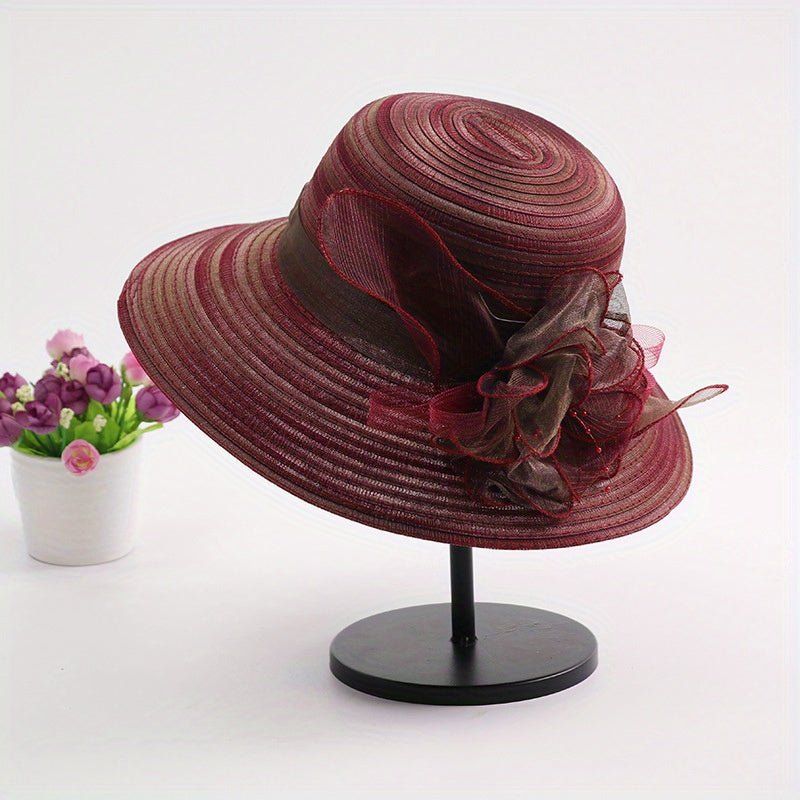 Candy Striped Sun Hat Rolled Brim Organza Flower Decor Bucket Hat