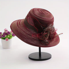 Candy Striped Sun Hat Rolled Brim Organza Flower Decor Bucket Hat