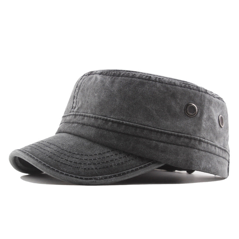 Men's Military Cap Vintage Flat Top Curved Brim Washed Cotton Cadet Army Cap