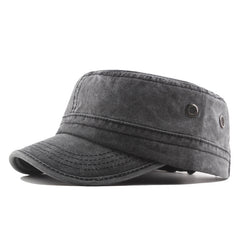 Men's Military Cap Vintage Flat Top Curved Brim Washed Cotton Cadet Army Cap
