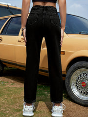 High Waist Straight Jeans High Rise Non Stretch Slash Pockets Denim Pants