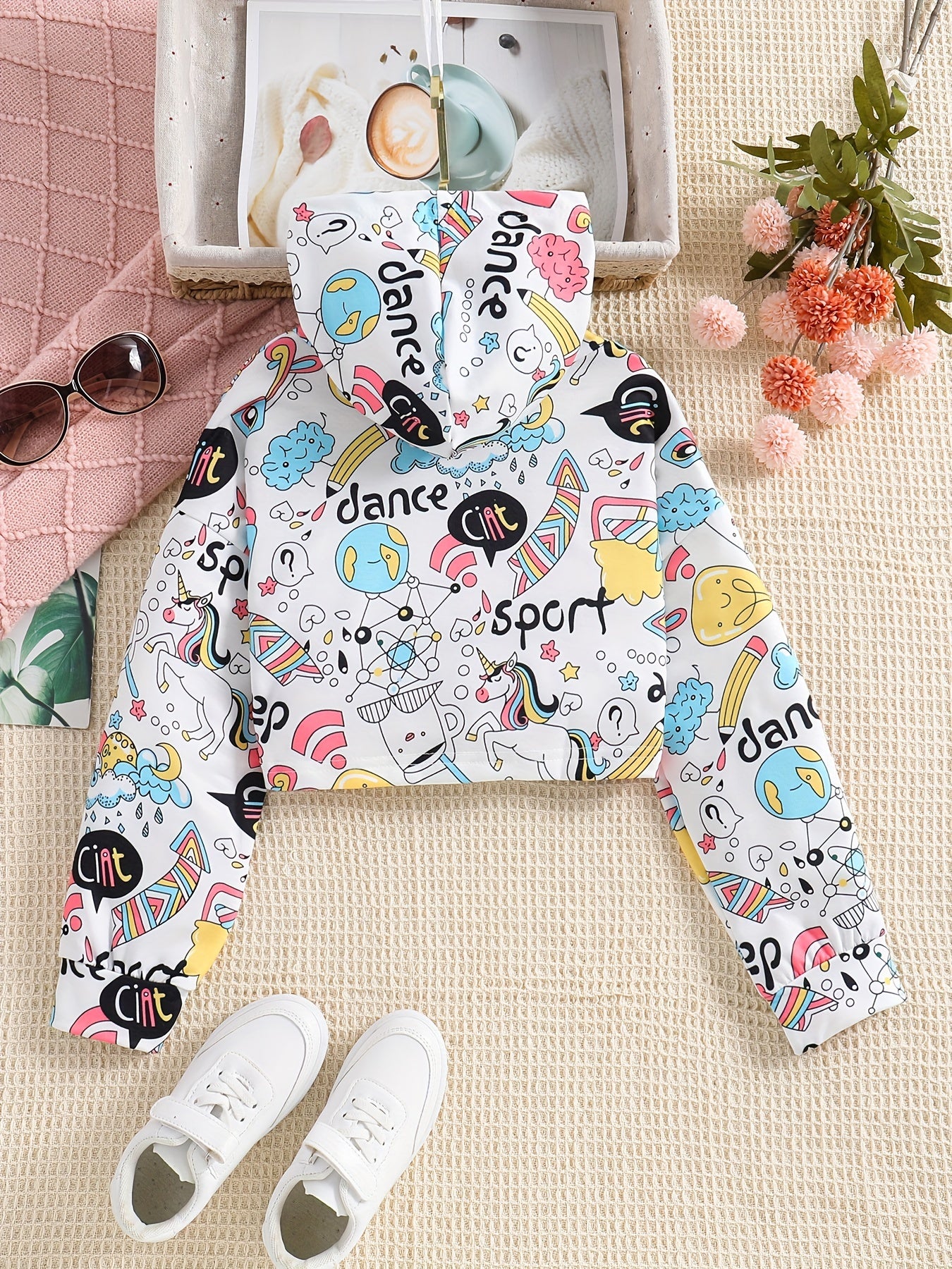 Girls Cartoon Print Long Sleeve Crop Hoodie Sweatshirt