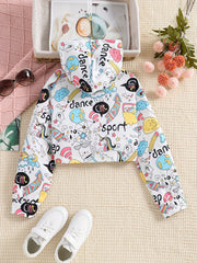 Girls Cartoon Print Long Sleeve Crop Hoodie Sweatshirt