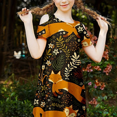 Sweet Girls Cartoon Fox Cold Shoulder Dress Summer Party Gift
