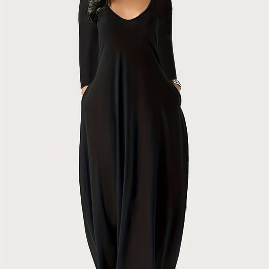 Solid Long Sleeve V Neck Maxi Dress