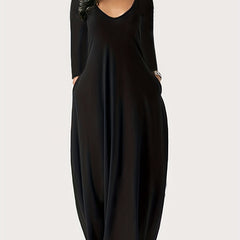 Solid Long Sleeve V Neck Maxi Dress