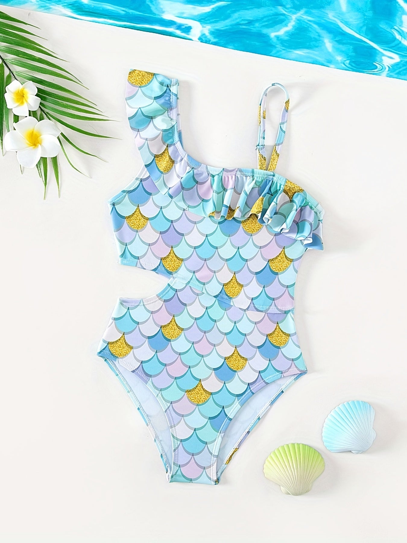 Girl's Waist Cutout Onesie Swimsuit Ruffle Decor Tankini