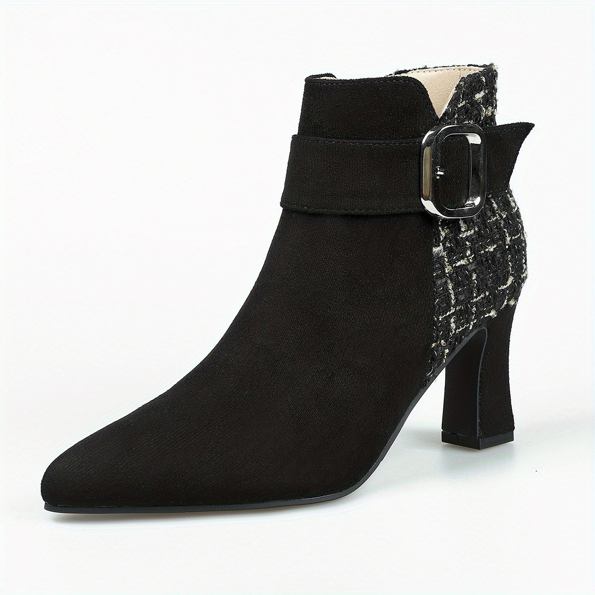 Women's Tweed High Heel Ankle Boots with Buckle Strap
