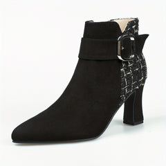 Women's Tweed High Heel Ankle Boots with Buckle Strap
