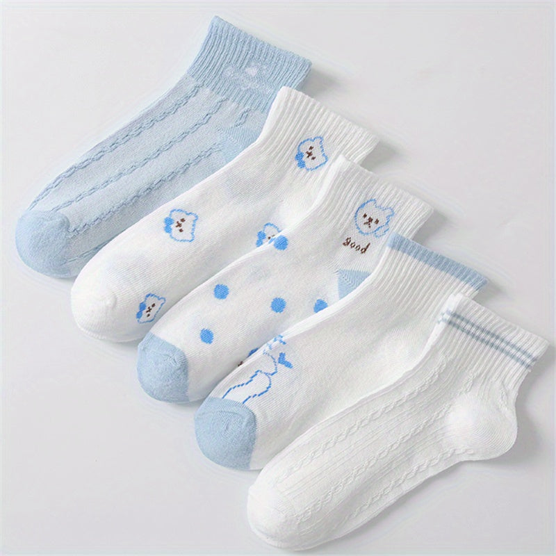 5 Pairs Cartoon Bear Print Socks Women's Crew Short Stockings