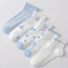 5 Pairs Cartoon Bear Print Socks Women's Crew Short Stockings