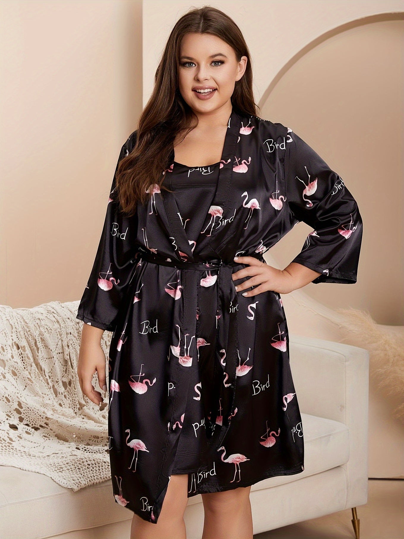 Flamingo Print Satin Cami Dress & Belted Robe Set
