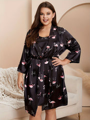 Flamingo Print Satin Cami Dress & Belted Robe Set