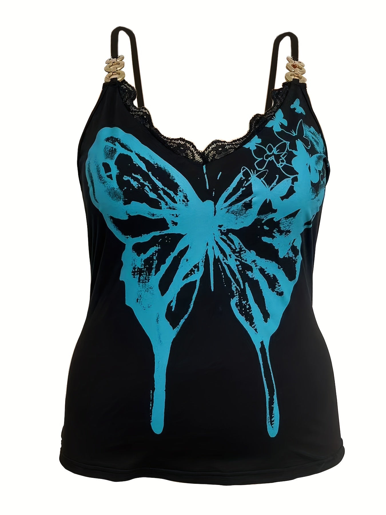 Goth Cami Top Women's Plus Butterfly Print Lace Trim V Neck Cami Top